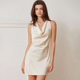Elegant Ivory Cowl Neck Silk Mini Dress Short Silk Dress